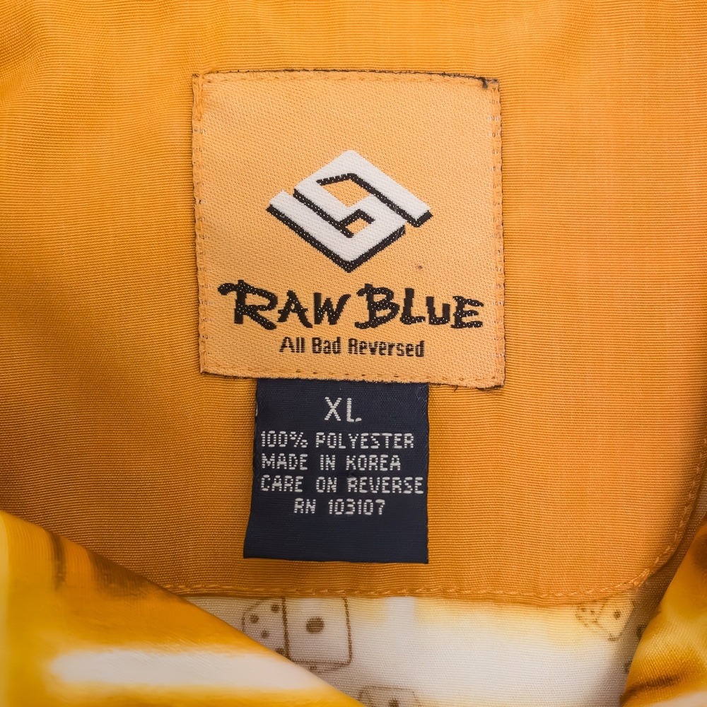 Raw Blue Button Down Shirt Mens XL Yellow Grid Dice Graphic Print Polyester - Picture 2 of 13